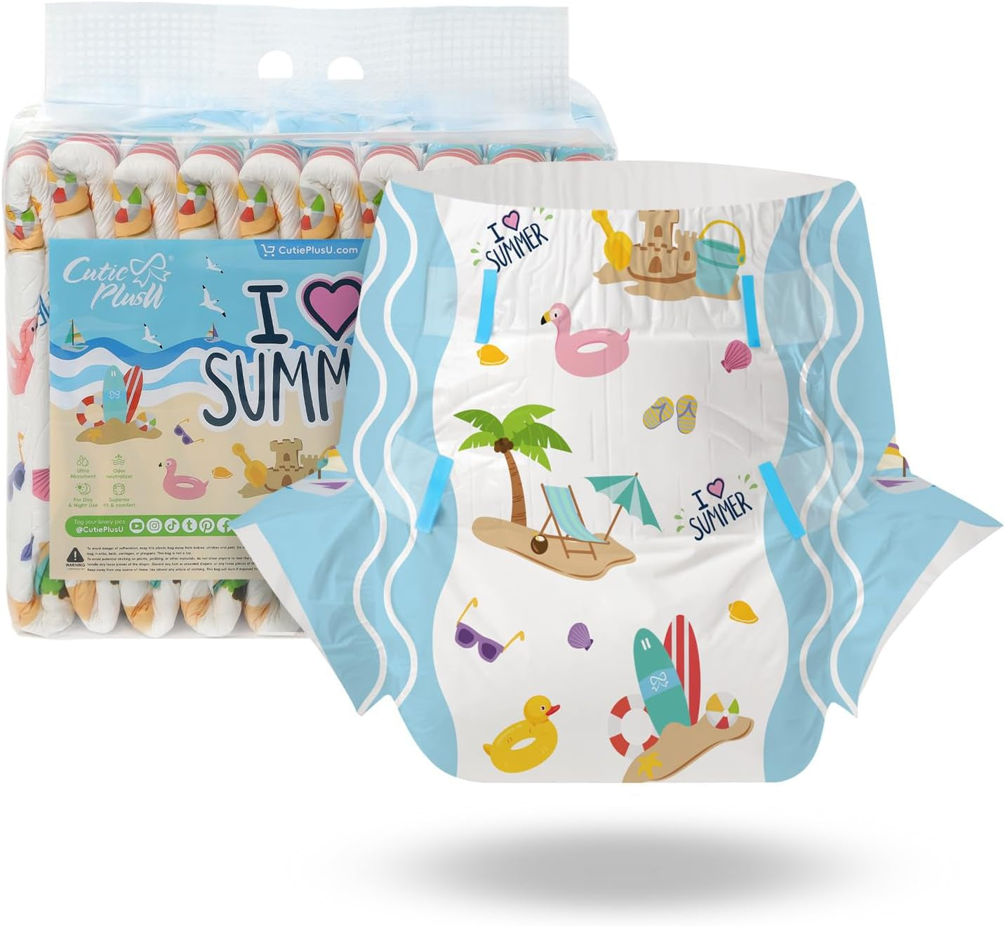 Pieluchy dla dorosłych CutiePlusU, 10 sztuk, jednorazowe majtki na nietrzymanie moczu z prześcieradłem dla kobiet i mężczyzn, maksymalna chłonność przez noc - Mała Księżniczka (duży rozmiar 94-119 cm)