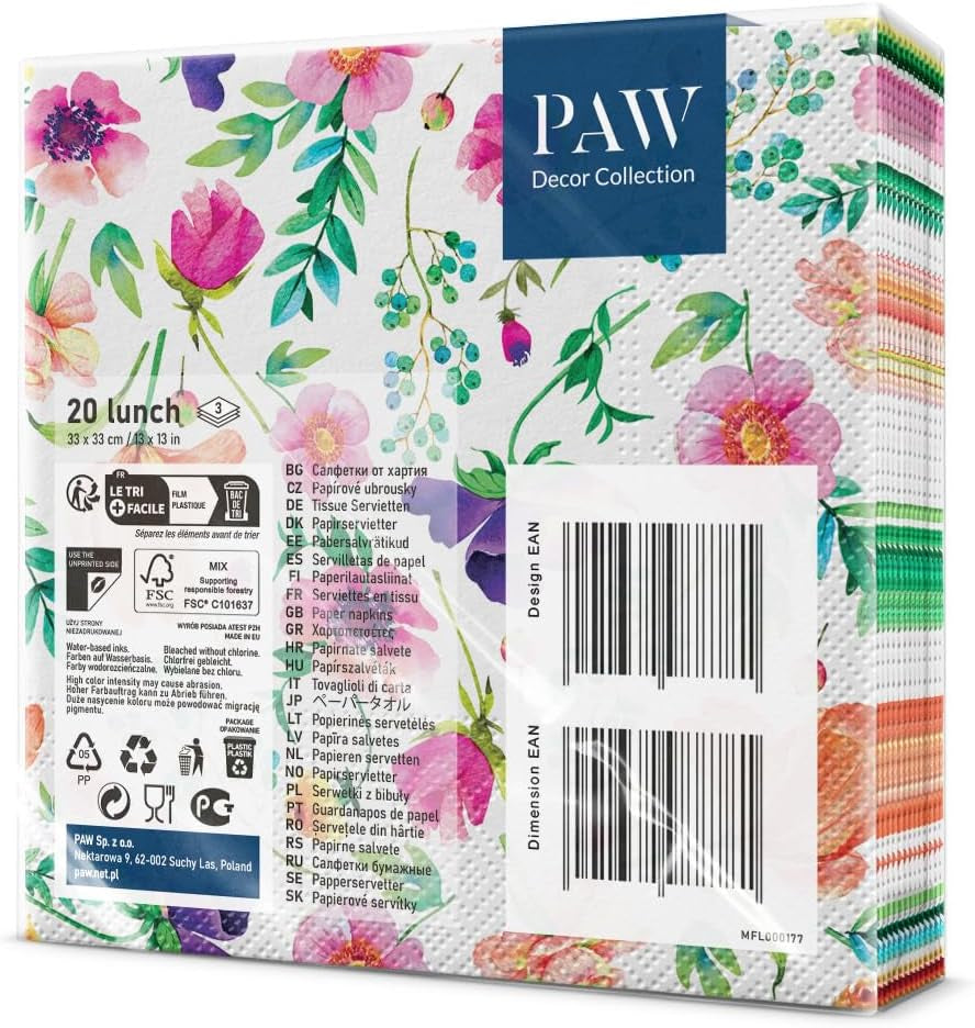PAW - Șervețele 3 straturi (33 X 33 Cm) I 20 bucăți I Perfect pentru zile de naștere, petreceri, nunți, comuniuni și sărbători I Decorațiuni de masă șervețele de hârtie colorate - Flori colorate Flora I Aranjament floral