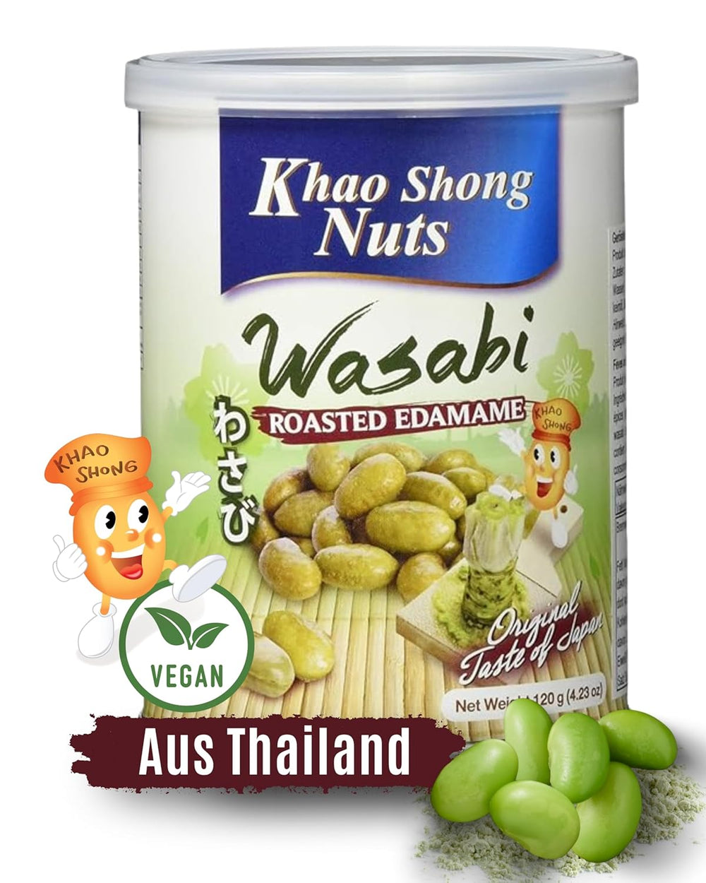 Khao Shong Smażony zielony groszek z wasabi, chrupiący groszek w pikantnej panierce, niskotłuszczowa alternatywa dla orzechów, średnio ostry, puszka 1 140 g | 140 g (1 opakowanie)