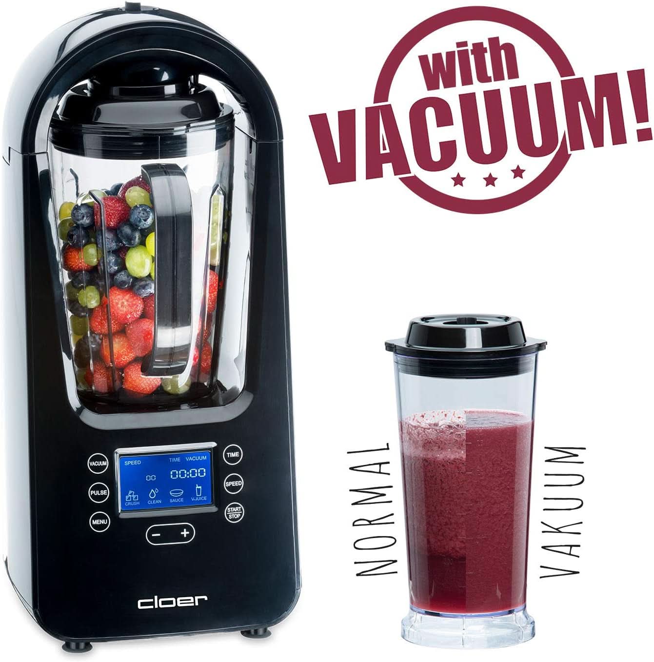 Cloer 6980 Vakuum Standmixer / 800 Watt / 21.000 U/Min. / Inkl. Vorratsbehälter/Vakuumventil/Automatikprogramme/Eis-Crush-Funktion/Reinigungsfunktion/Schwarz, 1500 Milliliters Bucatarie Naty Shop