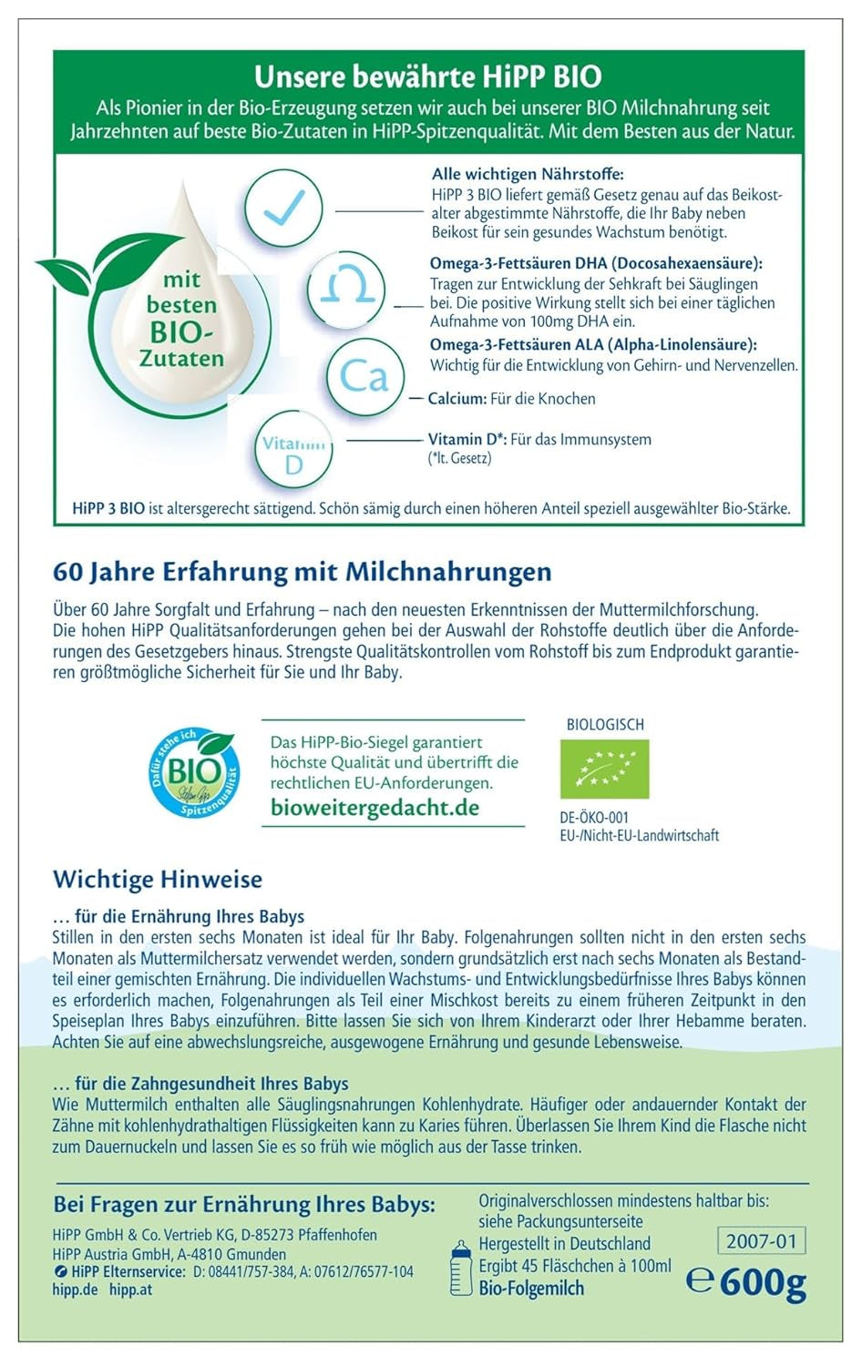 HiPP 3 Organiczne mleko następne (4 x 600g) - po 10 miesiącach z Omega-3 (DHA, ALA), wapniem, witaminą D, najwyższej jakości organicznej