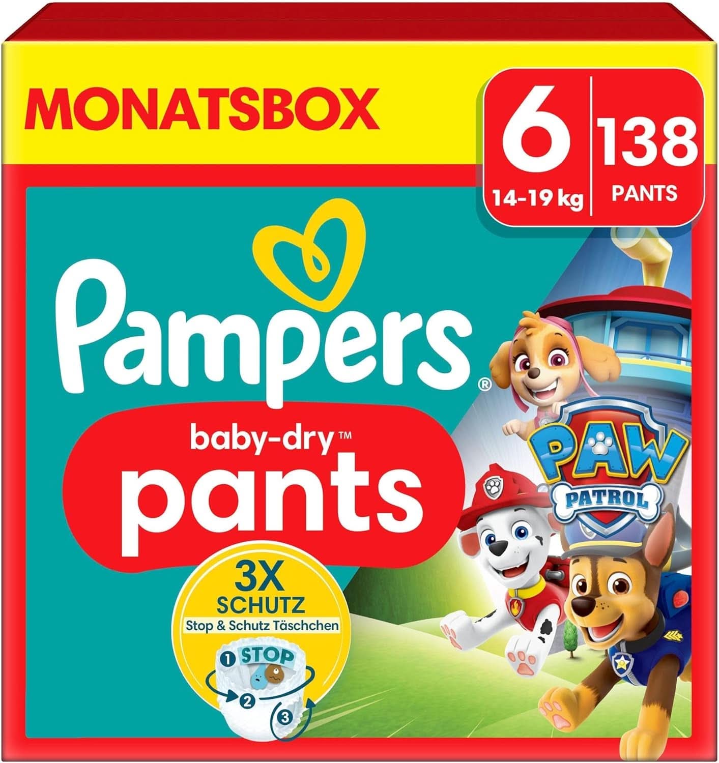 Pieluszki Pampers Paw Patrol Spodnie rozm. 5 (12-17Kg) Baby-Dry, Junior z kieszenią Stop and Protect, BOX MIESIĘCZNY, 160 pieluszek Naty Shop