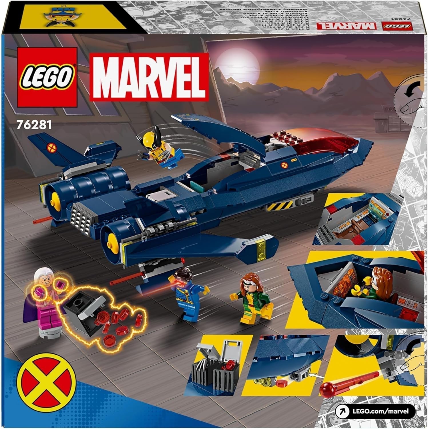 LEGO Marvel X-Jet X-Men budują model samolotu z figurkami, w tym Wolverine'a i Rogue'a. Zabawka superbohatera dla dzieci na prezent dla chłopców i dziewcząt w wieku 8 lat 76281 Zestawy konstrukcyjne Beuche den LEGO-Store