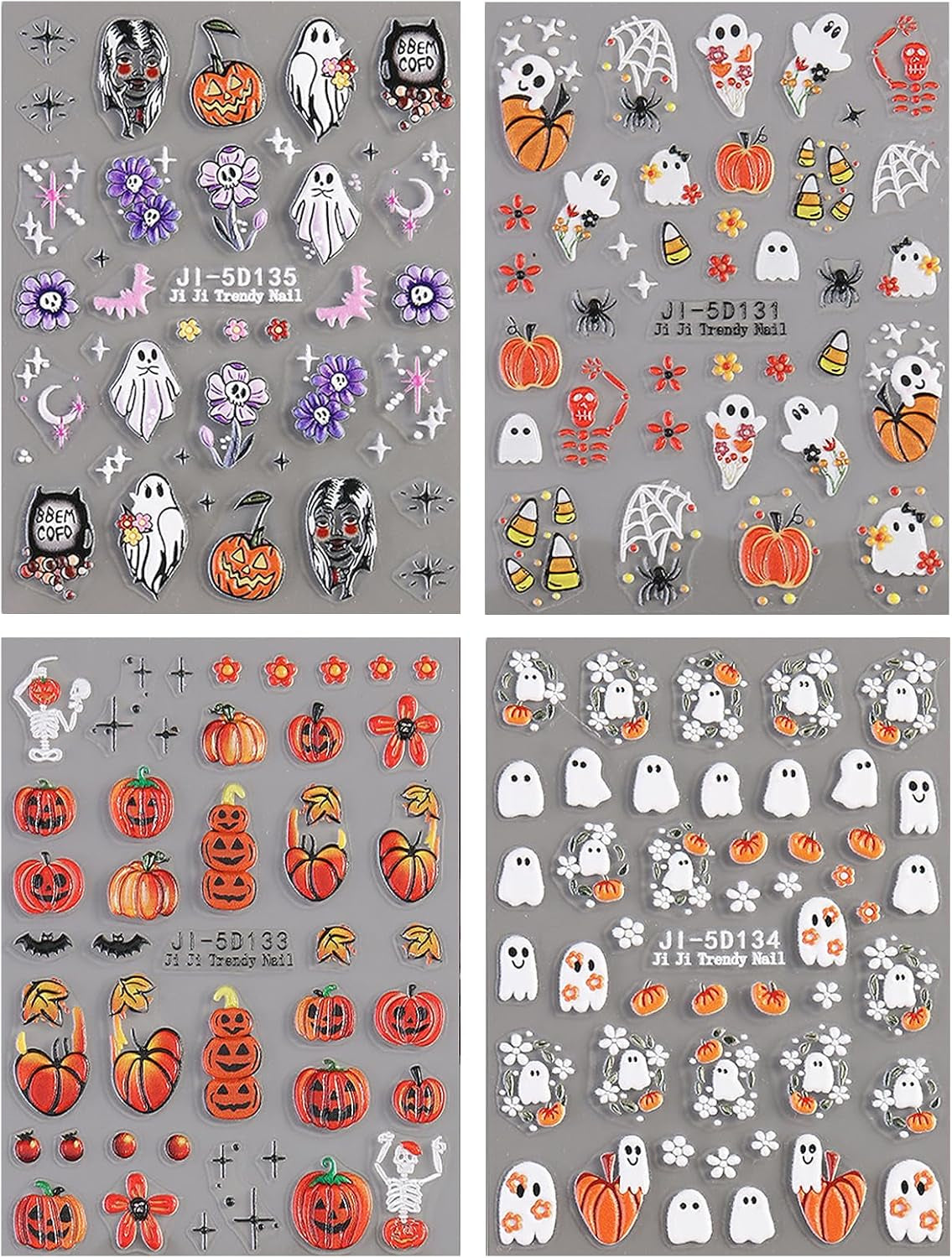 JMEOWIO 3D Nagelsticker Halloween Nail Art Sticker Selbstklebend Nagelaufkleber 5D Stereoskopisch Süßer Geisterkürbis Dekoration Nageldesign Zubehör 4 Blatt
