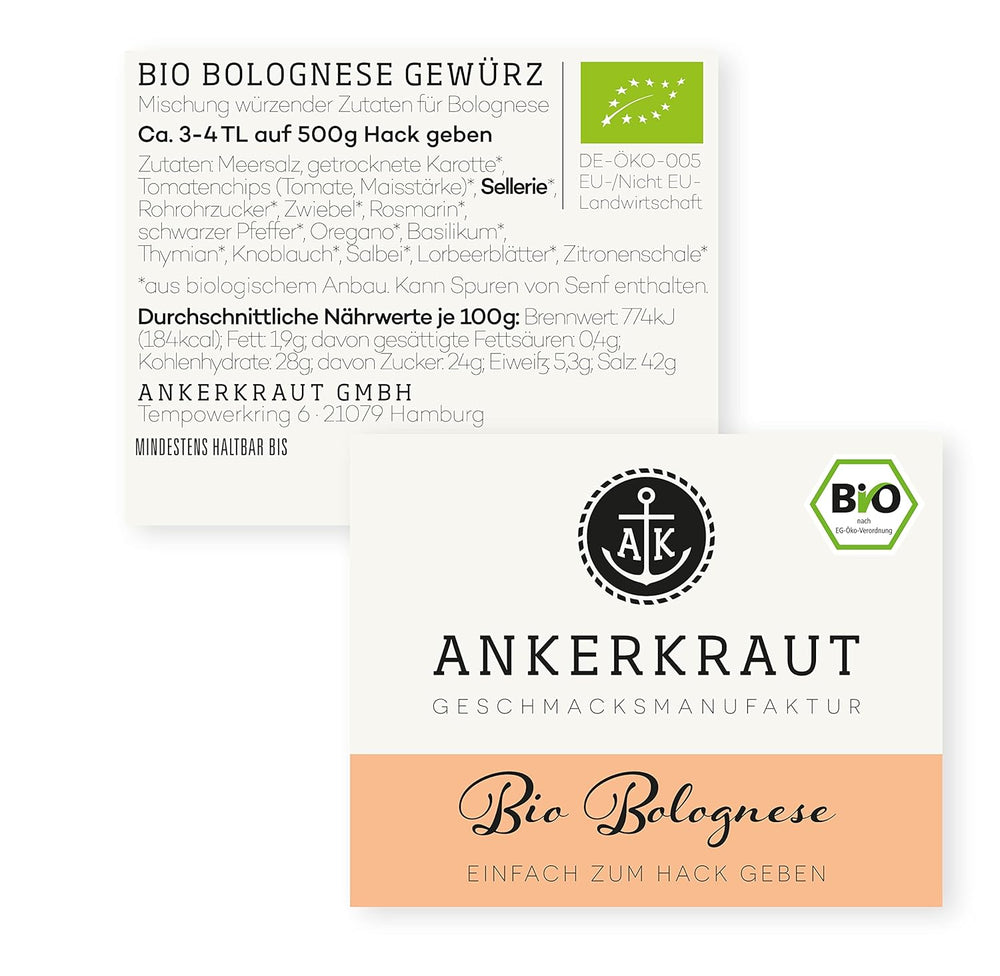 Ankerkraut Bio Bolognese Gewürz, Spaghetti und Pasta kochen, Lasagne selber machen, 90g w Korkenglas
