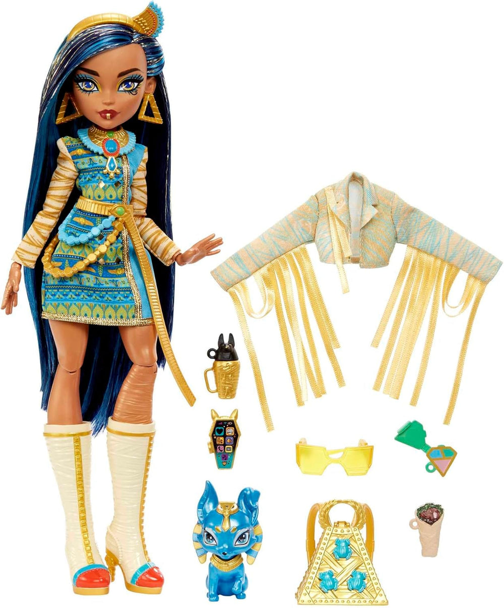 Lalka Monster High Cleo De Nile w złotej bluzce i warstwowej spódnicy, zawiera zwierzątko Cobra Hissette i akcesoria, takie jak plecak, przekąska i rolka papieru, lalki HXH74 Naty Shop Lalka mumia