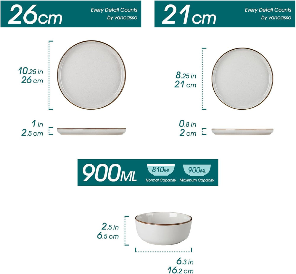 Set de veselă din gresie pentru 6 persoane, Vancasso LOIRE, serviciu de cină cu 18 piese pentru 6 persoane, gri modern, include bol, farfurie de desert și farfurie de cină, potrivit pentru cuptorul cu microunde și mașina de spălat vase