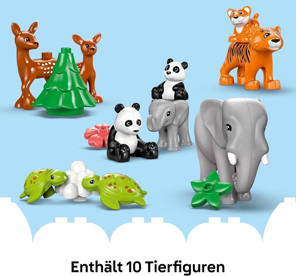 LEGO DUPLO Town Wild Animal Familys Zestaw 3 w 1, zabawka edukacyjna dla maluchów z żółwiami, tygrysami, słoniami, jeleniami i pandami, zestaw dla przedszkolaków od 2. roku życia, zabawka do budowania z figurkami zwierząt 10446 Zestawy do budowania Szukaj sklepu LEGO