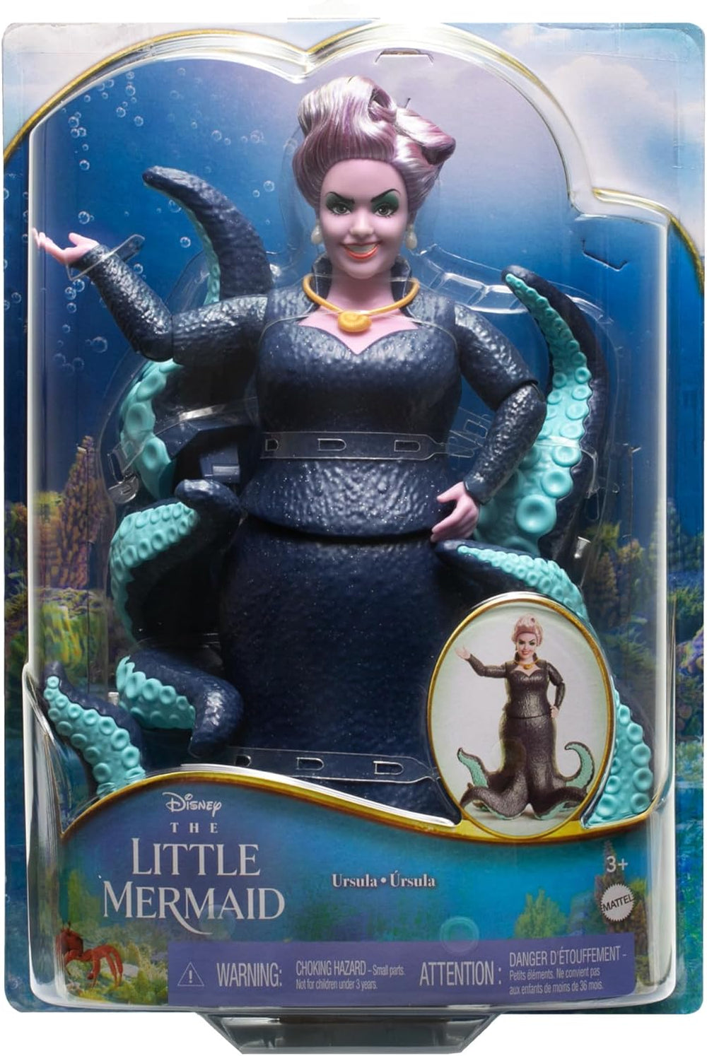 Mattel DISNEY Ariel Mica Sirenă - Ursula cu tentacule, colier detașabil și coc lavandă pentru distracție nesfârșită de coafare, potrivit pentru copiii cu vârsta de 3 ani și peste, HLX12