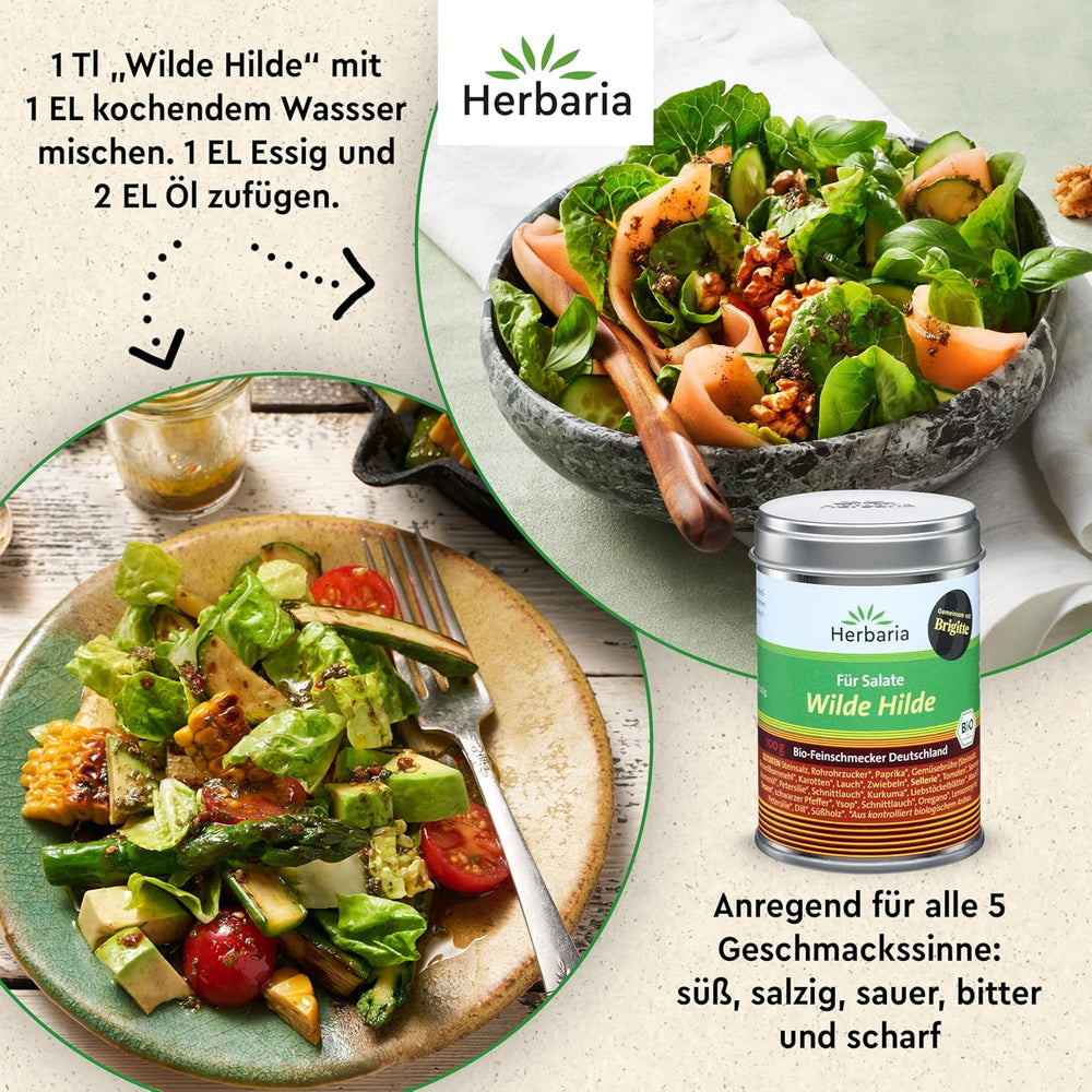 Herbaria Wilde Hilde bio 100g M-Dose-fertige Bio-Gewürzmischung - Saladgewürz für ausgefeilte Salade - mit erlesenen Składnik - w nachhaltiger Aromaschutz-Dose