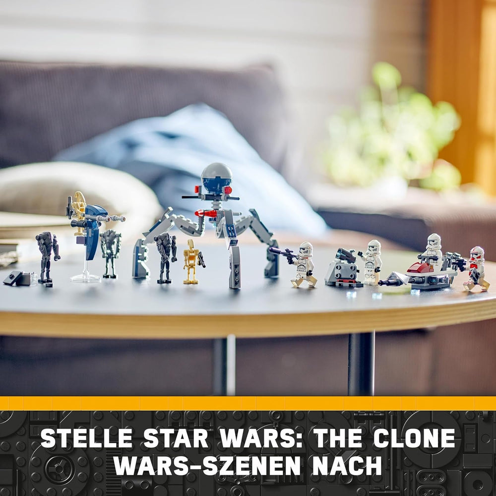 LEGO Star Wars 75372 Zestaw bojowy żołnierza klonów i droida bojowego, zawiera zestaw bojowy 4 minifigurki, 5 droidów i ścigacz ze strzelcem - Zabawka konstrukcyjna dla chłopców i dziewcząt od 7. roku życia Zestawy konstrukcyjne Besuche den LEGO-Store
