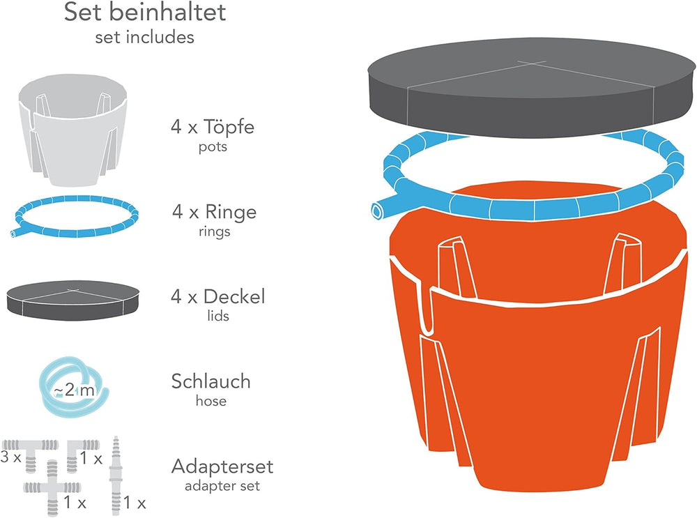 Hydro Farmer, 19-częściowy zestaw doniczek Ø 18 cm (zielony), system uprawy obejmujący 4 doniczki, 4 pierścienie do podlewania, 4 pokrywki, zestaw adapterów i wąż 2 m, hydroponika, aeroponika