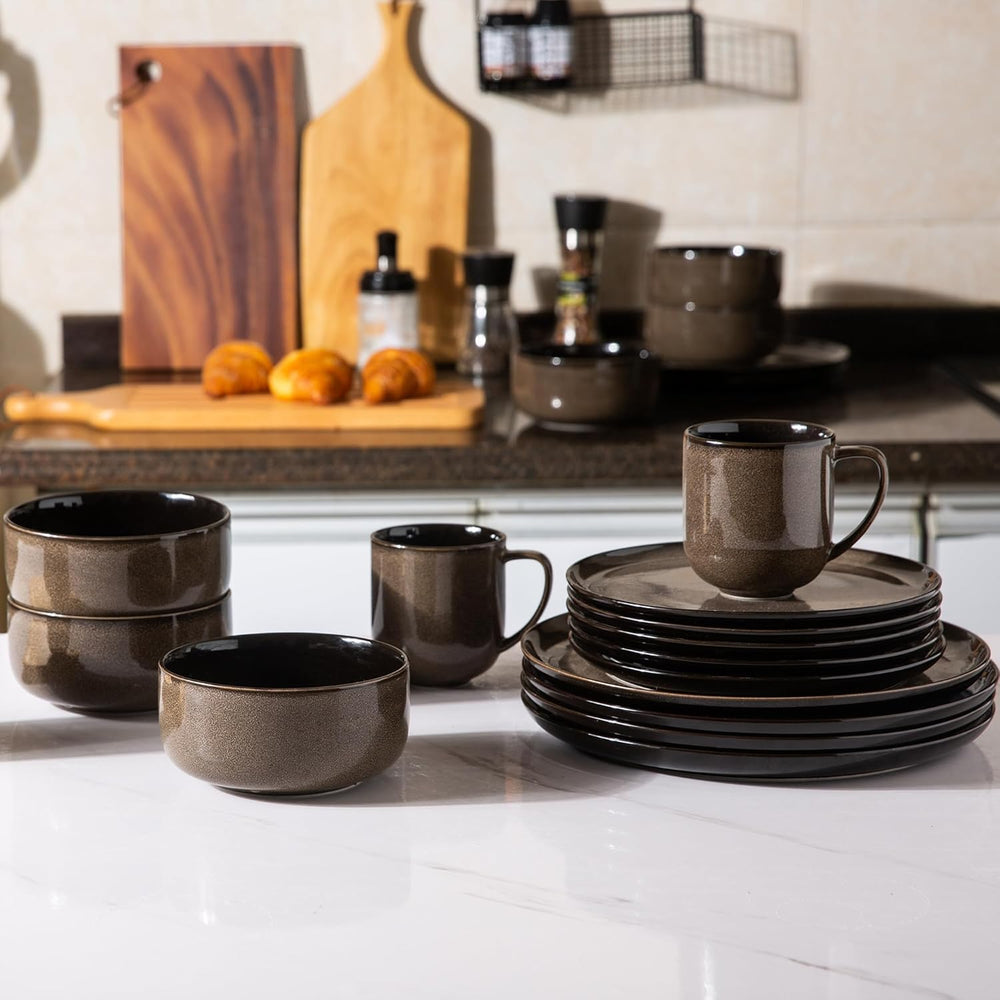 Set de veselă LeRatio pentru 6 persoane, set de veselă din gresie, 18 piese, glazură reactivă, set de boluri și farfurii rezistente la zgârieturi, potrivit pentru mașina de spălat vase și cuptorul cu microunde, pentru servire la masă