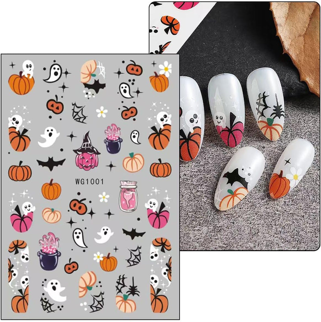 JMEOWIO Nagelsticker Halloween 8 Blatt Nail Art Sticker Selbstklebend Nagelaufkleber Totenkopf Horror Geist Hexe Spinnennetz Fledermaus Kürbis Spukdekoration Nageldesign Zubehör