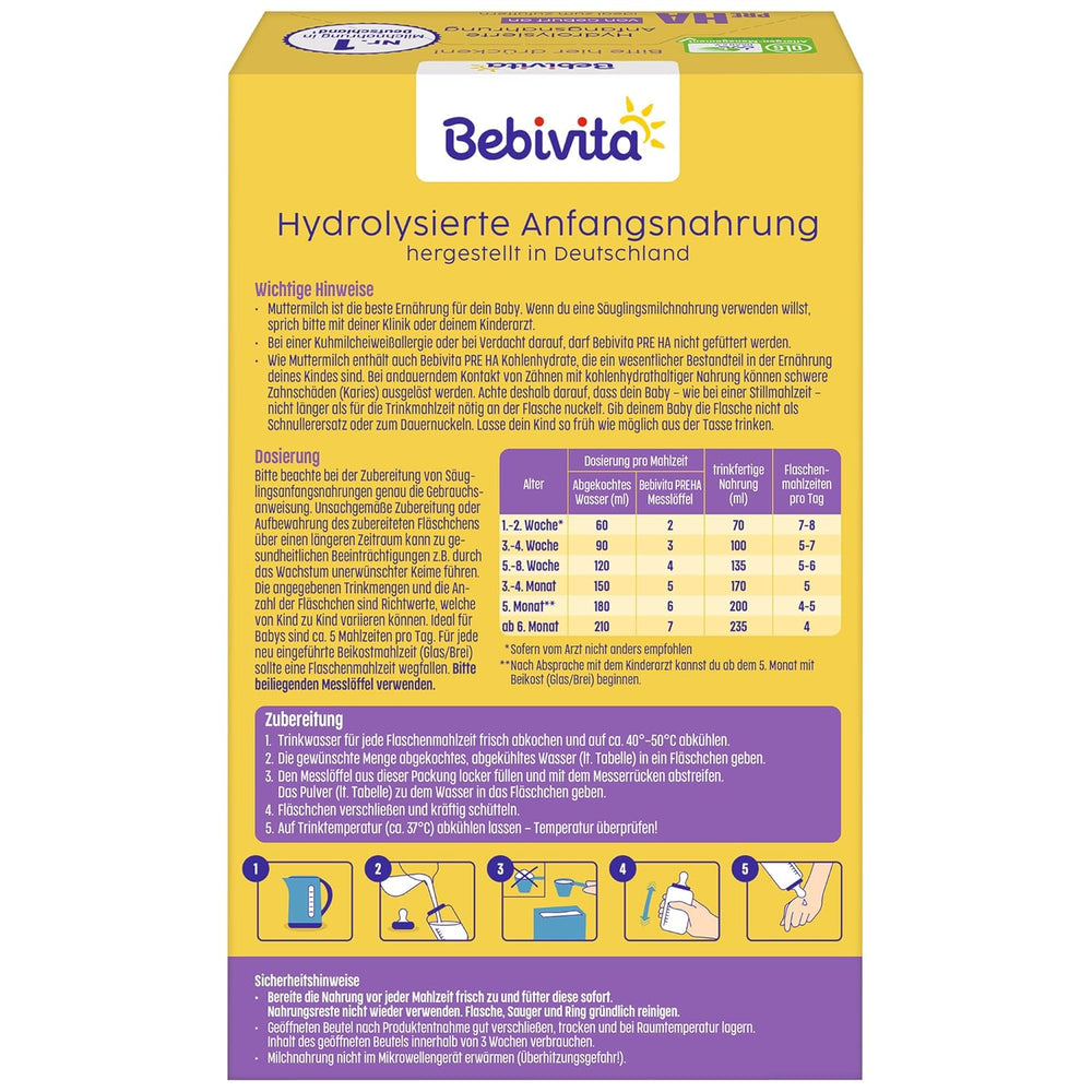 PRE HA (5 x 500g), hydrolizowane mleko w proszku od urodzenia, zawiera wyłącznie laktozę jako węglowodan, nadaje się do karmienia uzupełniającego