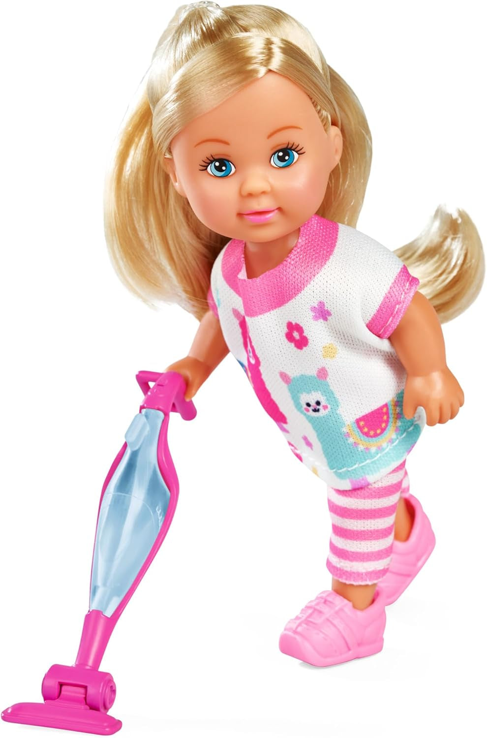 Simba Evi Love Home Puppe – Ankleidepuppe z 2w1 Staubsauger, Haushalts Rollenspiel z Zubehör, kleine Modepuppe zum Spielen, 12 cm, ab 3 Jahre