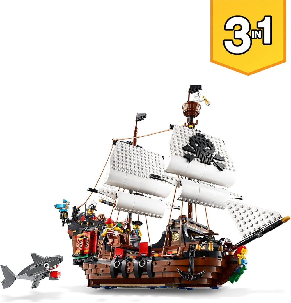 LEGO Creator Zestaw statku pirackiego 3 w 1, zabawka z 3 opcjami budowania, zbuduj piracką tawernę lub wyspę piratów Czaszki, zawiera 3 minifigurki do odgrywania przygód 31109 Zestawy do budowania Besuche den LEGO-Store