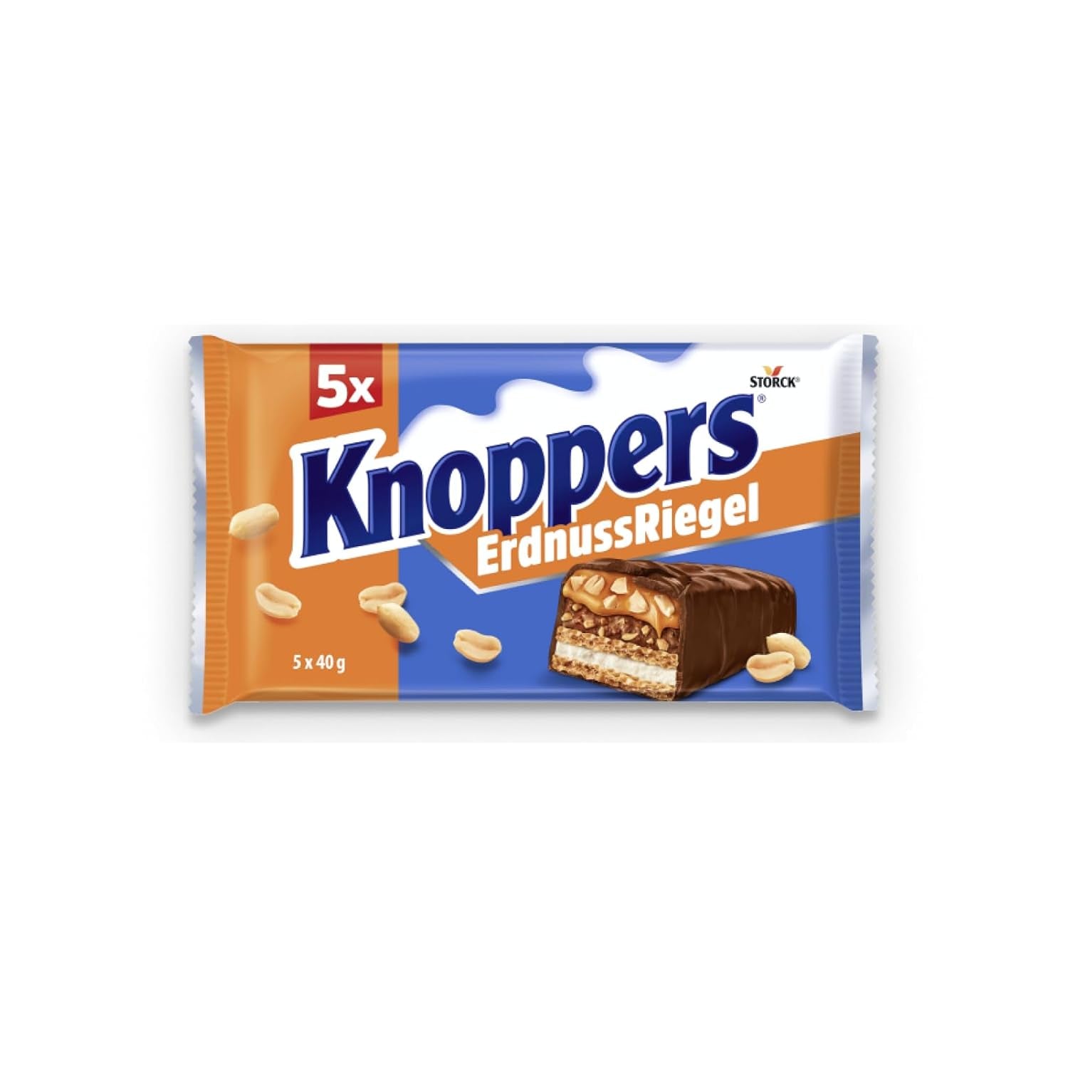 Knoppers Peanut Bar – 1 x 200g (5 batoników) – Baton mlecznej czekolady z kremem orzechowym, siekanymi solonymi orzeszkami ziemnymi, karmelem i mleczną czekoladą