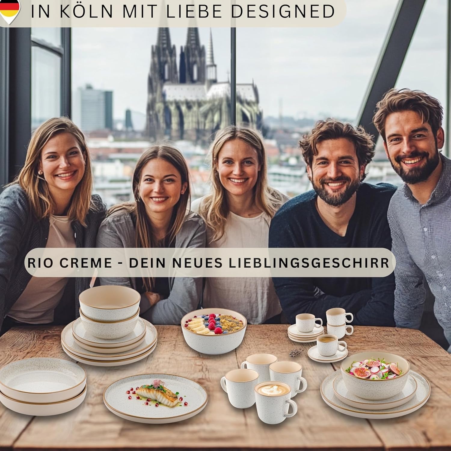 SÄNGER Rio Creme | Set de veselă din gresie pentru 6 persoane, format din 18 piese, inclusiv 6 farfurii de cină, 6 farfurii de desert și 6 boluri | COLECȚIA VALUE