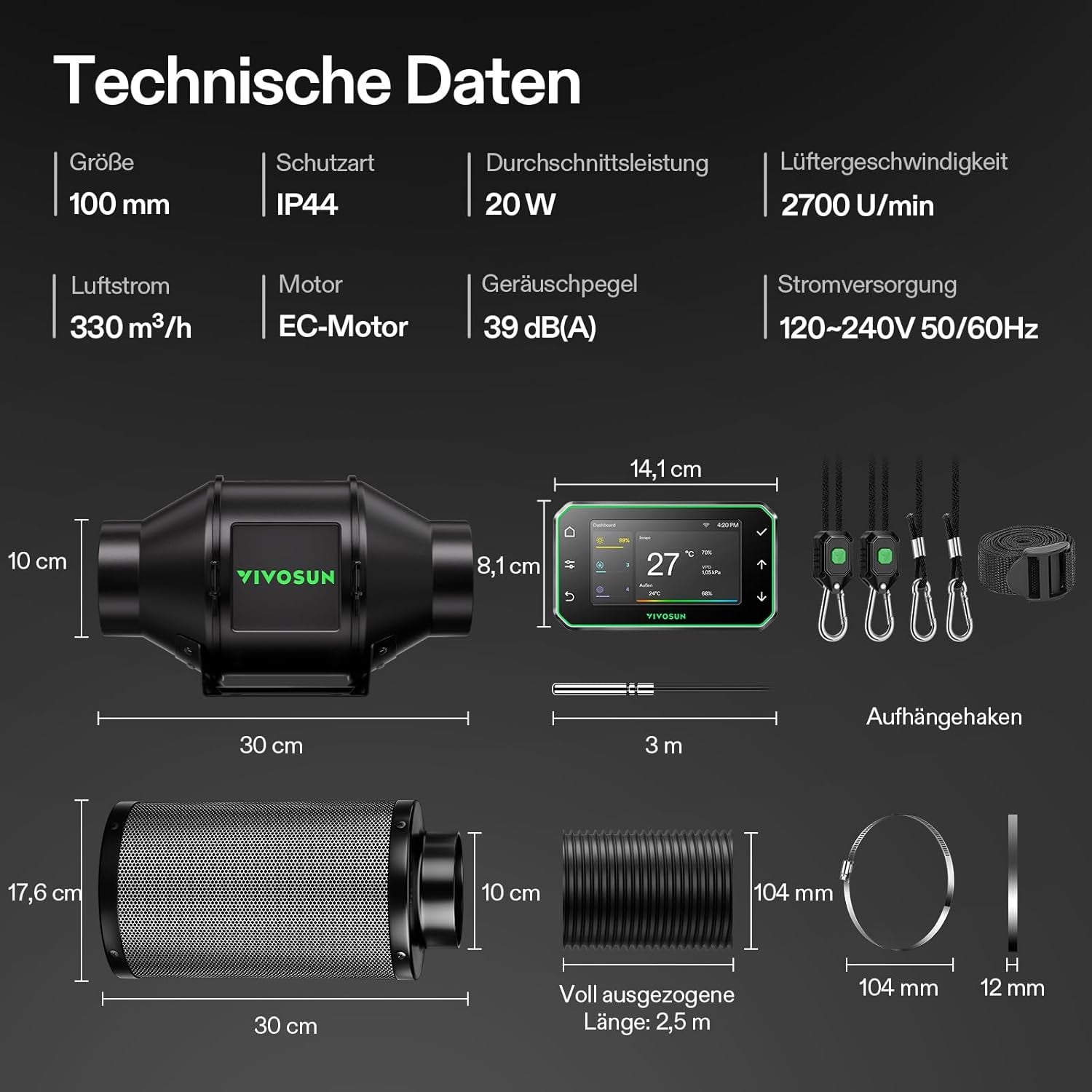 Inteligentny wbudowany wentylator/wydech VIVOSUN 100 mm AeroZesh G4 z GrowHub E42A+, kontroler temperatury i wilgotności, pilot WiFi/aplikacja, filtr z węglem aktywnym i wąż do namiotów uprawnych i hydroponiki
