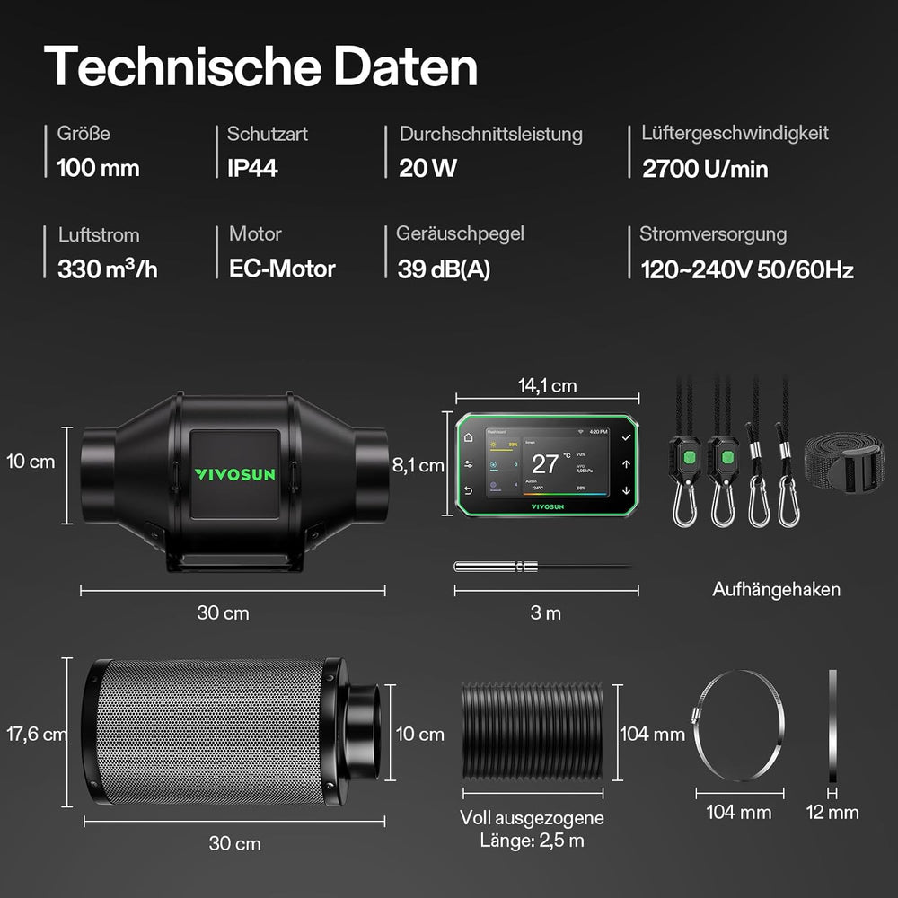Inteligentny wbudowany wentylator/wydech VIVOSUN 100 mm AeroZesh G4 z GrowHub E42A+, kontroler temperatury i wilgotności, pilot WiFi/aplikacja, filtr z węglem aktywnym i wąż do namiotów uprawnych i hydroponiki