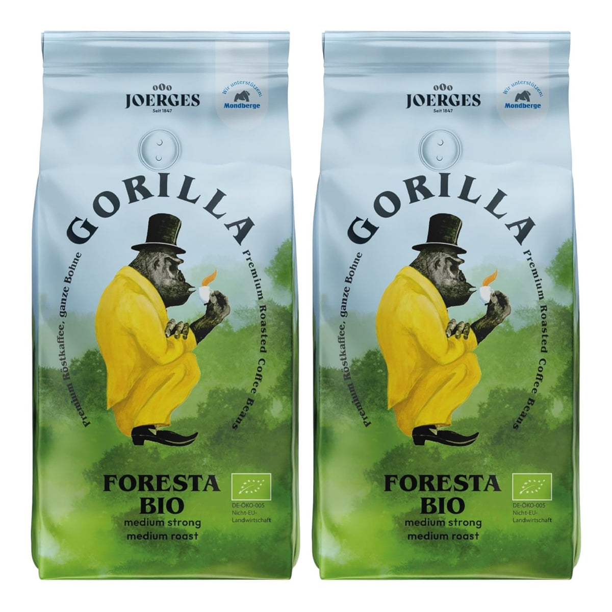 Cafea Gorilla Foresta, pachet dublu, 2 x 1 kg, boabe prăjite | Amestec Arabica, boabe întregi | Espressor portafilter complet automat | Cafea espresso