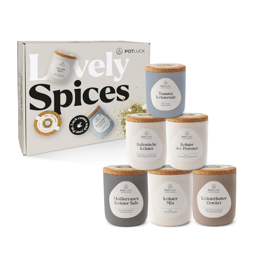 Potluk | Zestaw Kräuter Kumpel 6er | Gewürzmischungen im Keramiktopf | Wegańskie, bezglutenowe i z naturalnymi składnikami