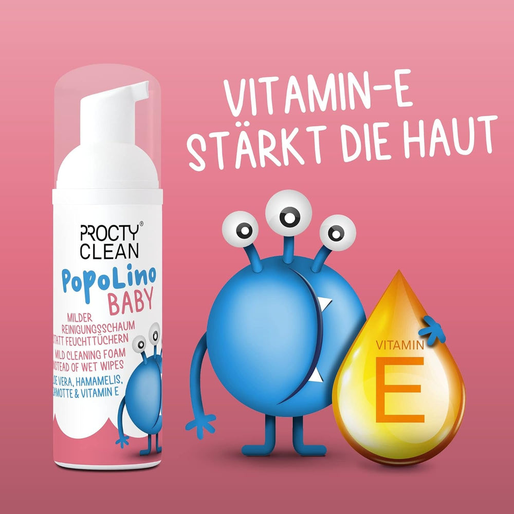 Spumă delicată PopoLino Baby pentru fund, în loc de șervețele umede pentru bebeluși. Spumă de curățare cosmetică vegană și naturală! Spumă pentru fund cu aloe vera, hamamelis, bergamotă și vitamina E. Face fundurile și mediul înconjurător fericite.