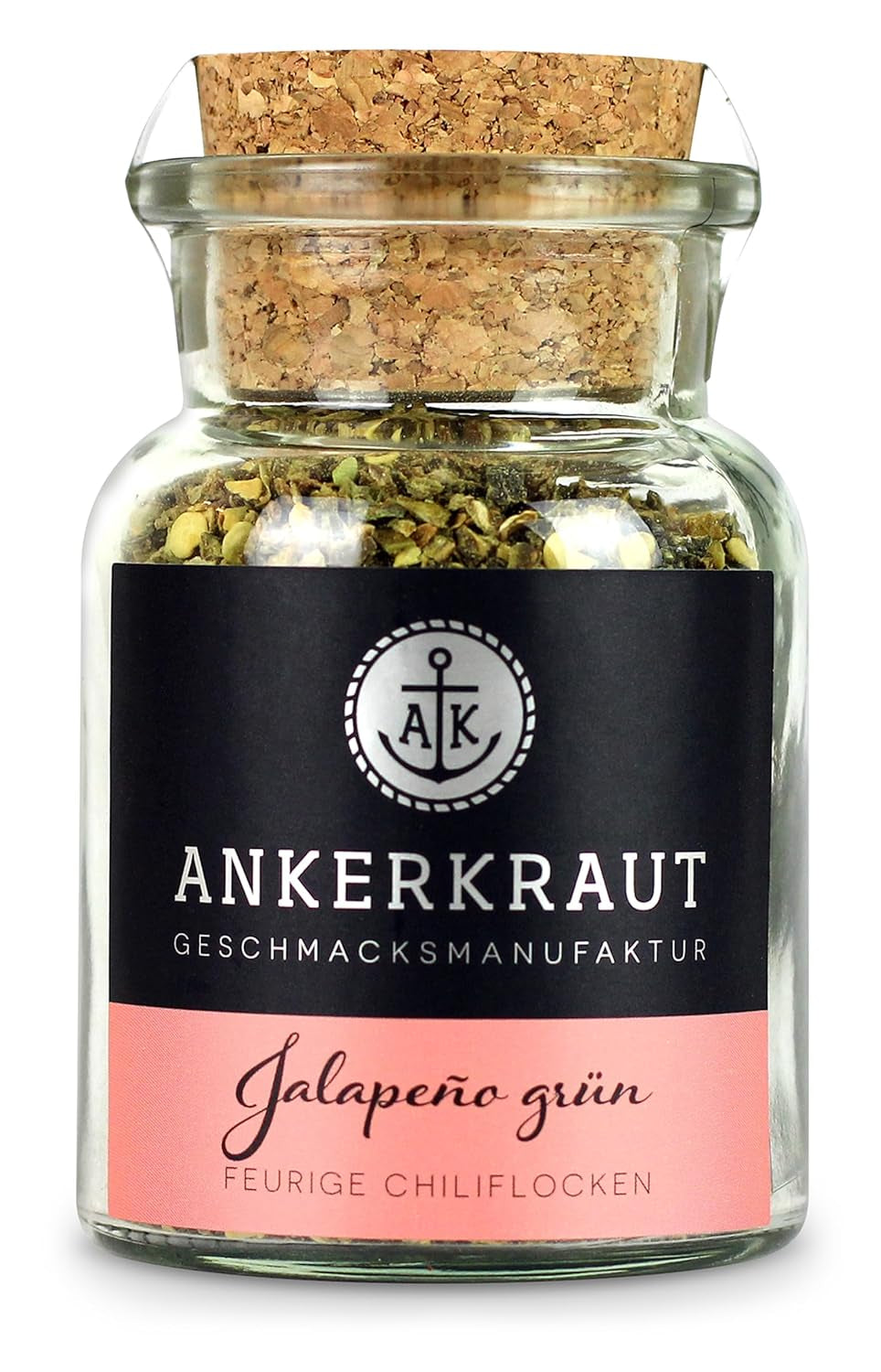 Ankerkraut Grüne Jalapeno, scharfe Chili, Chilis geschrotet, Finisher Scharf Würzen, Scharfes Essen Kochen, Highlight Chili con Carne, Fleisch, Kartoffeln, 45g w Korkenglas