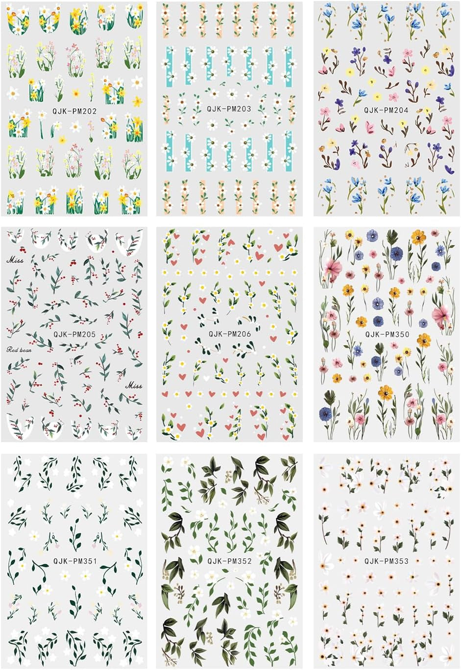 JMEOWIO Nagelsticker Bunte Blumen 9 Blatt Nail Art Sticker Selbstklebend Nagelaufkleber Frühling Sommer Blumen Dekoration Nageldesign Zubehör