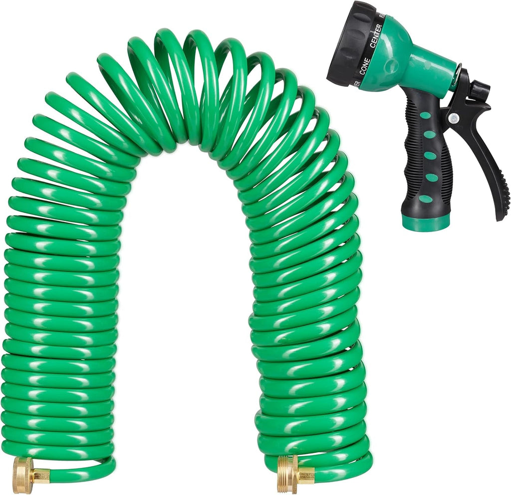 Furtun spiralat Relaxdays, extensibil până la 20 m, furtun flexibil de grădină cu pulverizator de apă, 7 modele de pulverizare, verde