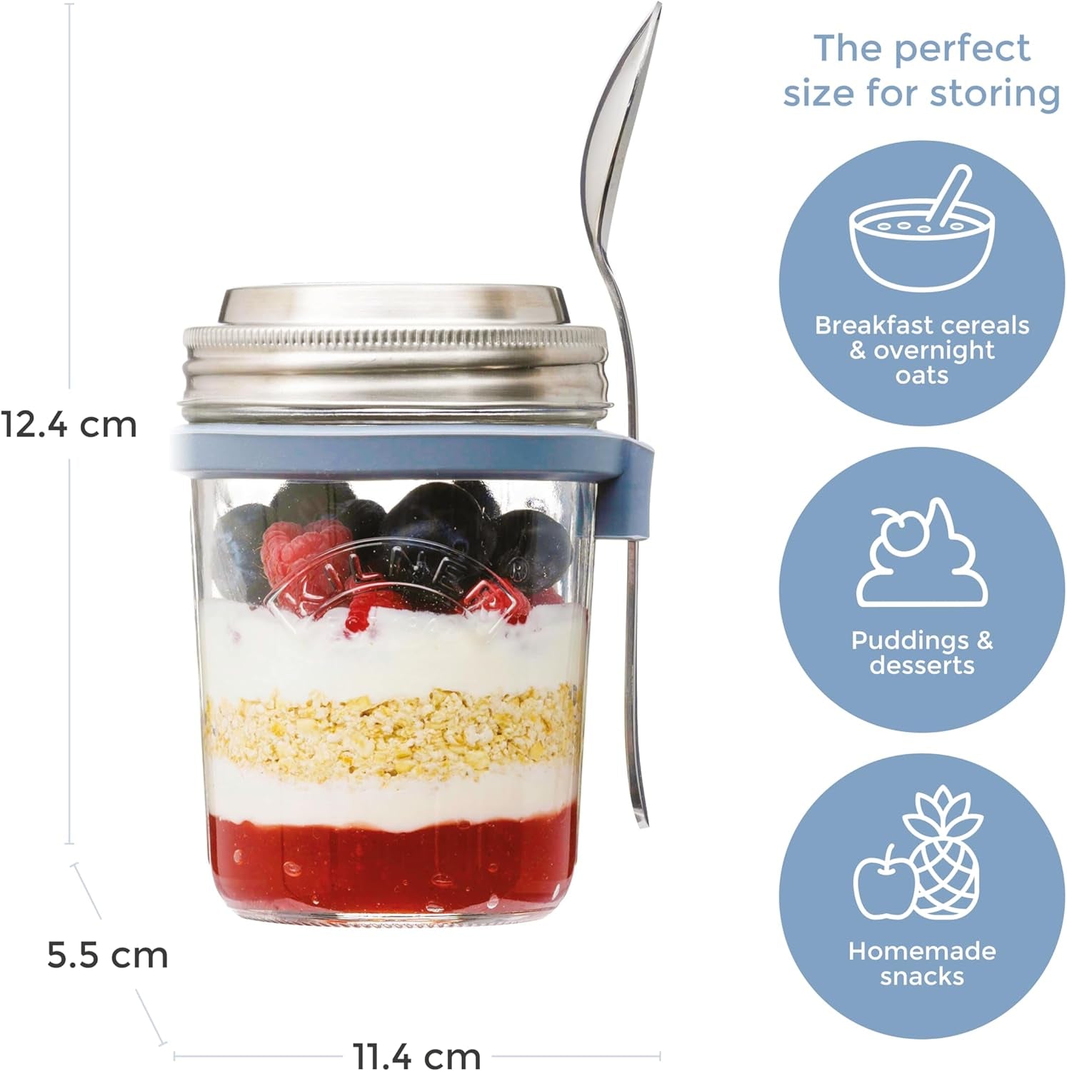 Borcan de mic dejun Kilner cu lingură / 350 ml, Ø 9,5 cm / 5 piese | cană pentru muesli la pachet / non-toxic / recipient din sticlă cu capac pentru muesli, terci și iaurt / recipient pentru ovăz peste noapte Cutii depozitare alimente Naty Shop
