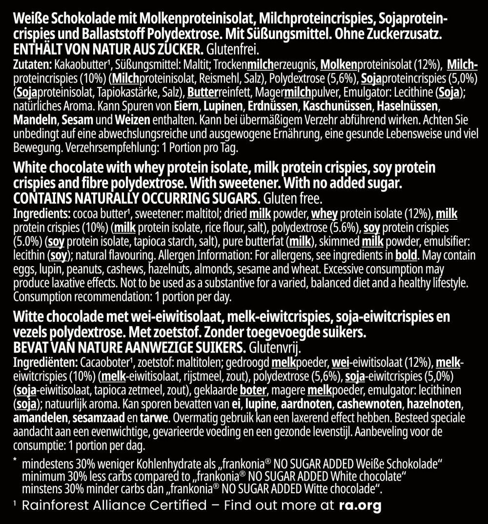 frankonia CHOCOLAT POWER MOTION bez dodatku cukru - Chrupiąca biała czekolada o wysokiej zawartości białka i niskiej zawartości węglowodanów, 90 g