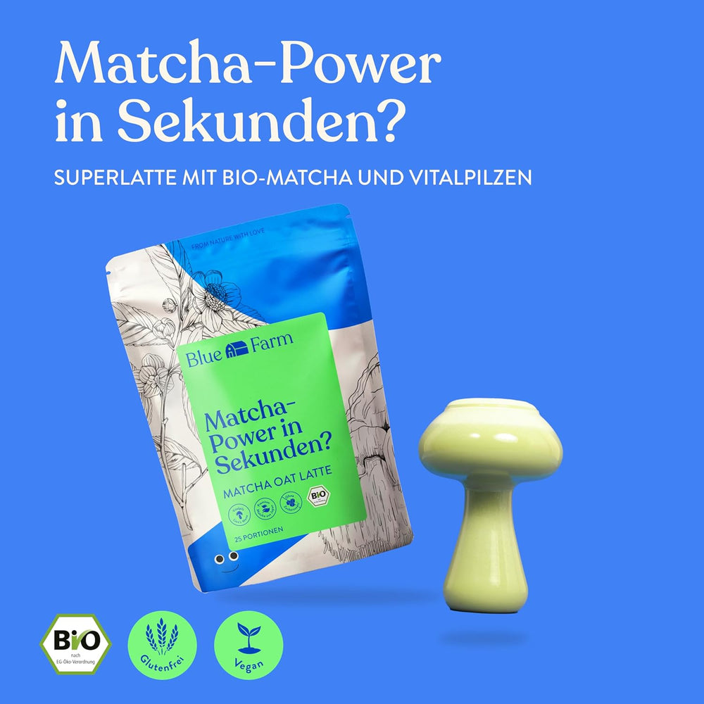 Blue Farm Bio Matcha Oat Latte auf Haferbasis ohne Zuckerzusatz - Mit dem Vitalpilz Lion's Mane - Wegańskie - bez laktozy i glutenu (300 g, Matcha)
