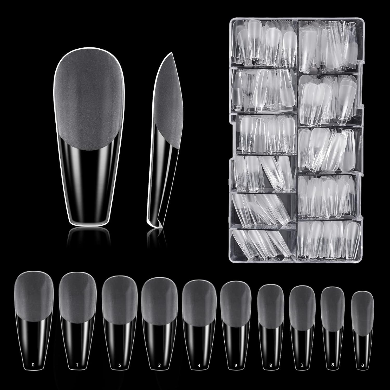 Tipuri de unghii, 500 bucăți de vârfuri de unghii false acrilice artificiale cu cutie de depozitare pentru saloane de unghii și nail art DIY acasă, 10 dimensiuni