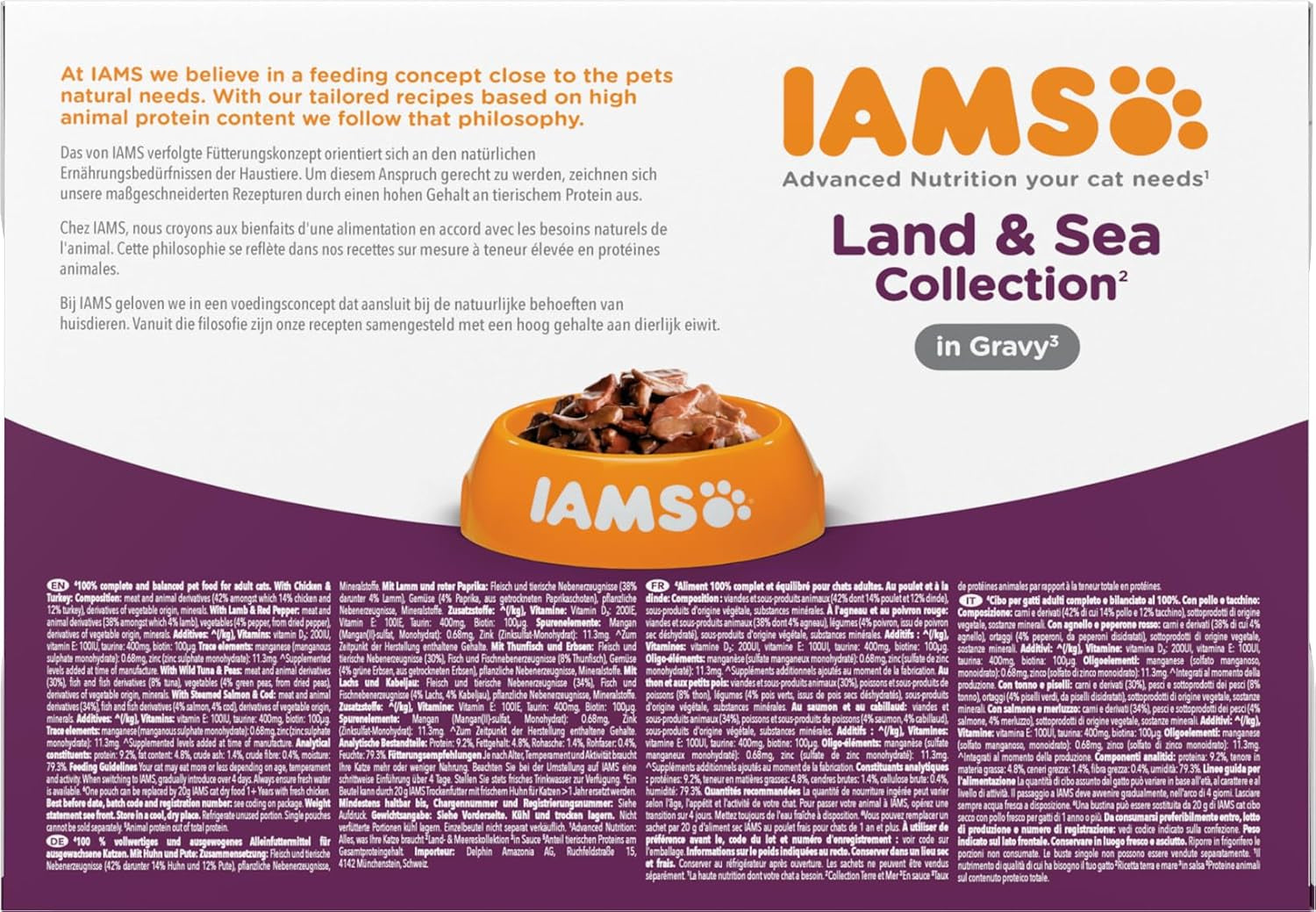 IAMS Delights Land & Sea Collection Hrană umedă pentru pisici - Pachet multiplu cu sortimente de carne și pește în sos, hrană umedă pentru pisici de la 1 an, 12 x 85 g