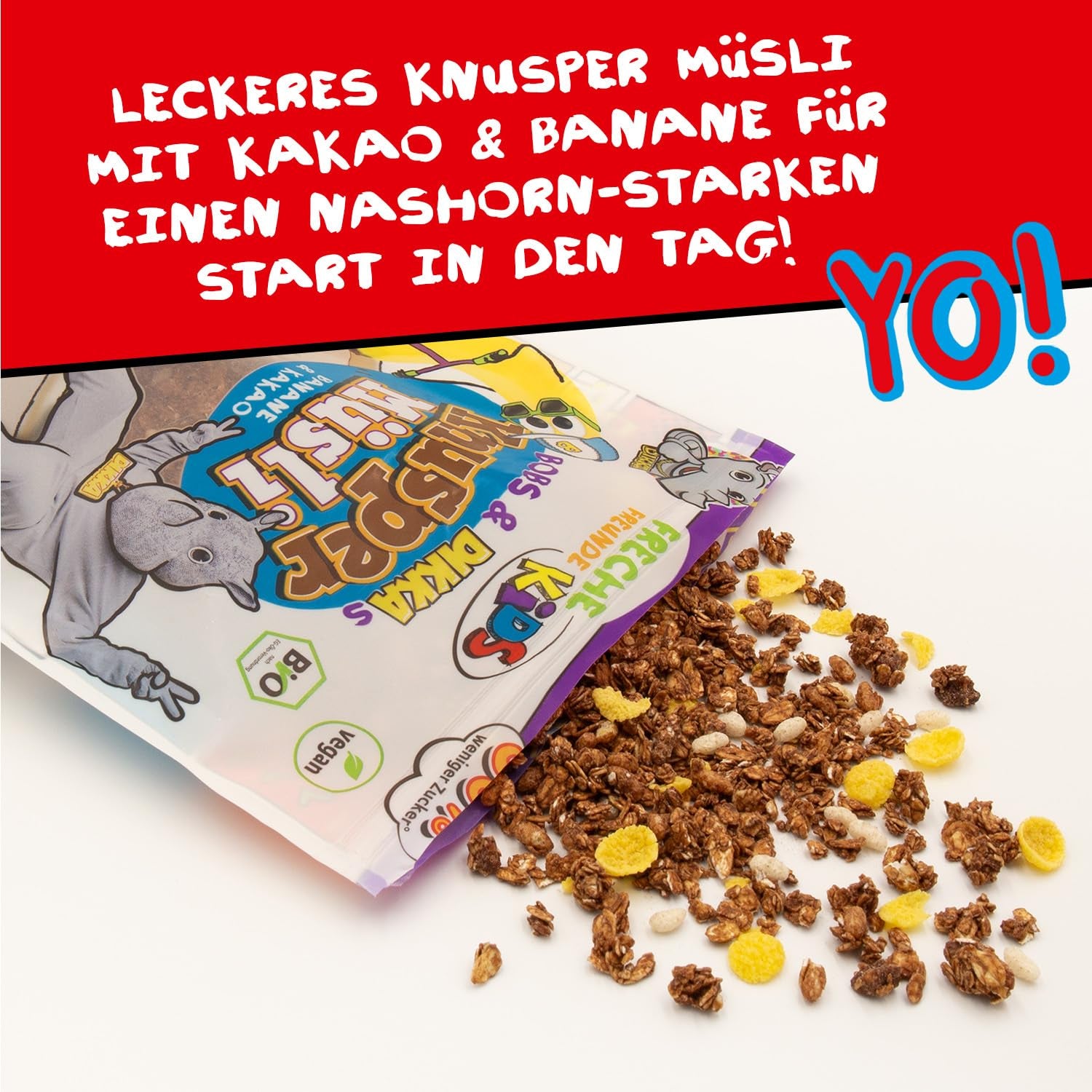 FRECHE FREUNDE KIDS, Bobs & DIKKAs Chrupiące muesli kakaowe z bananami, Muesli z chrupiącą czekoladą dla dzieci, o niskiej zawartości cukru, bez dodatków, 100% wegańskie, 6 sztuk (6 x 280g)