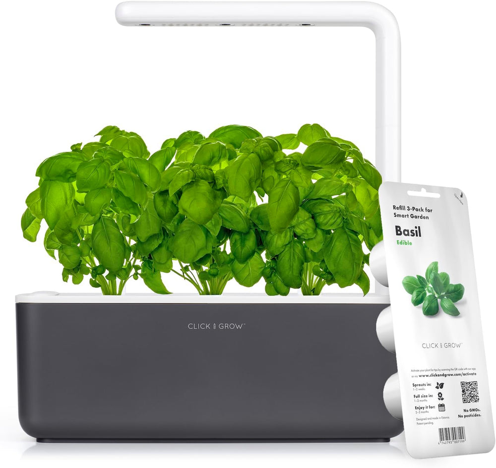Growbox Click and Grow, inteligentny ogród, system uprawy łatwiejszy niż hydroponiczna, ogród kryty, ogród ziołowy, szklarnia wewnętrzna z 3 kapsułkami roślinnymi w zestawie, biała