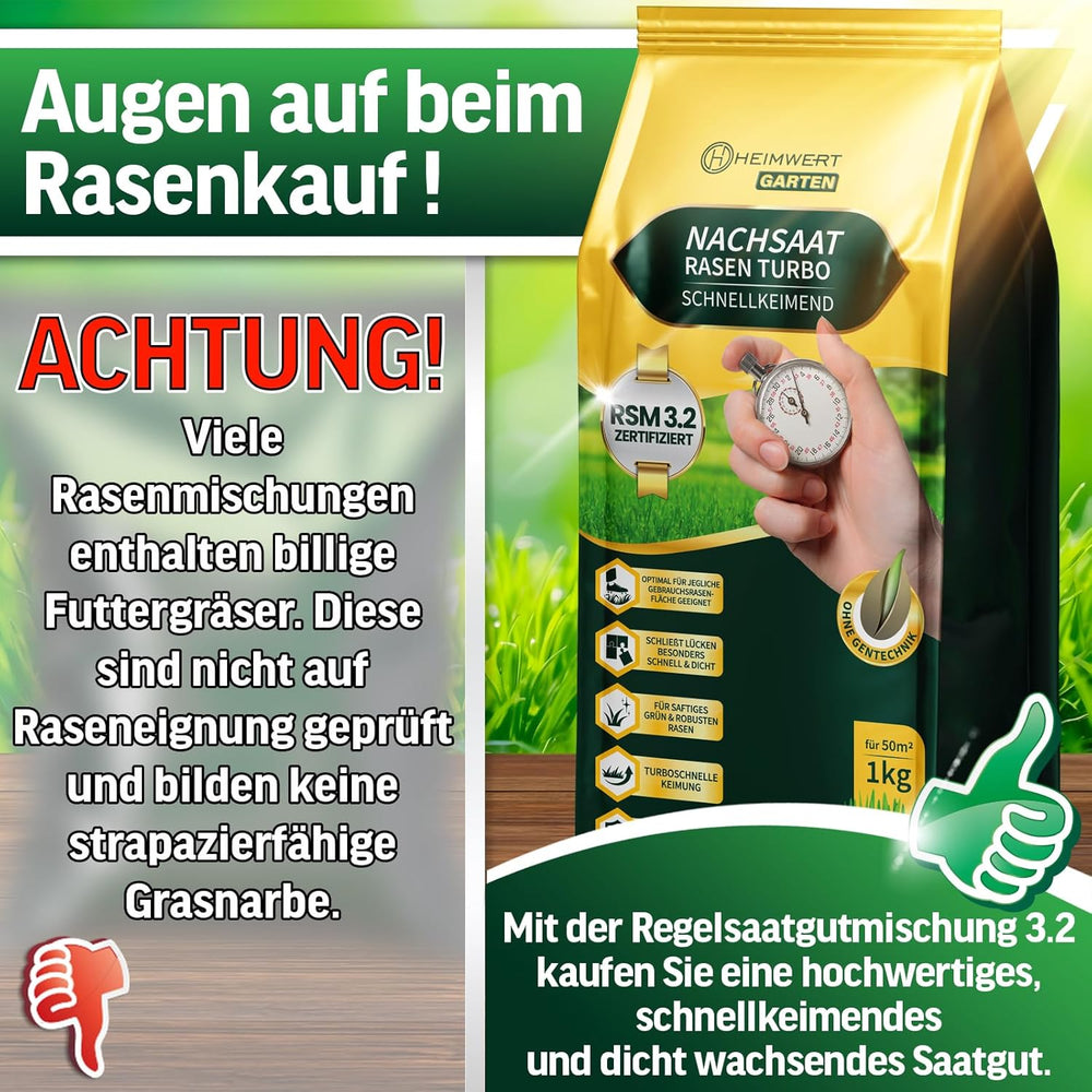 Rasensamen Schnellkeimend Turbo Nachsaat Grassamen Schnellkeimend Nach Original RSM 3.2 Empfehlung Aus Hochwertigster Gräser Mischung - 1Kg Sport Und Spiel Rasen Für 50 M2 - Made in Germany