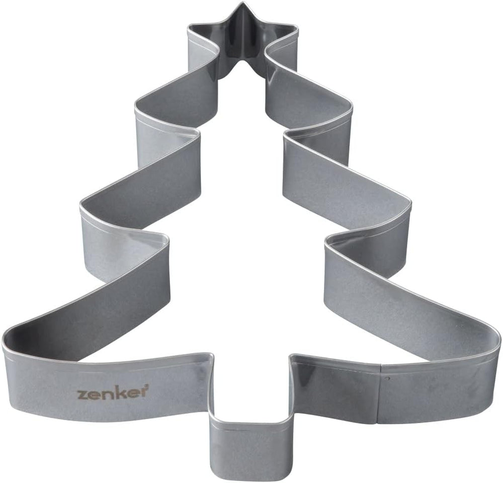 Formă de biscuiți Zenker XL pentru Crăciun – Formă de biscuiți în formă de brad de Crăciun pentru biscuiți delicioși și dulci – Formă de biscuiți 2 în 1 și cadru de copt din oțel inoxidabil, argintiu