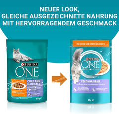 Hrană umedă pentru pisici PURINA ONE Coat and Hairball în sos, cu pui, pachet de 26 (26 x 85g)