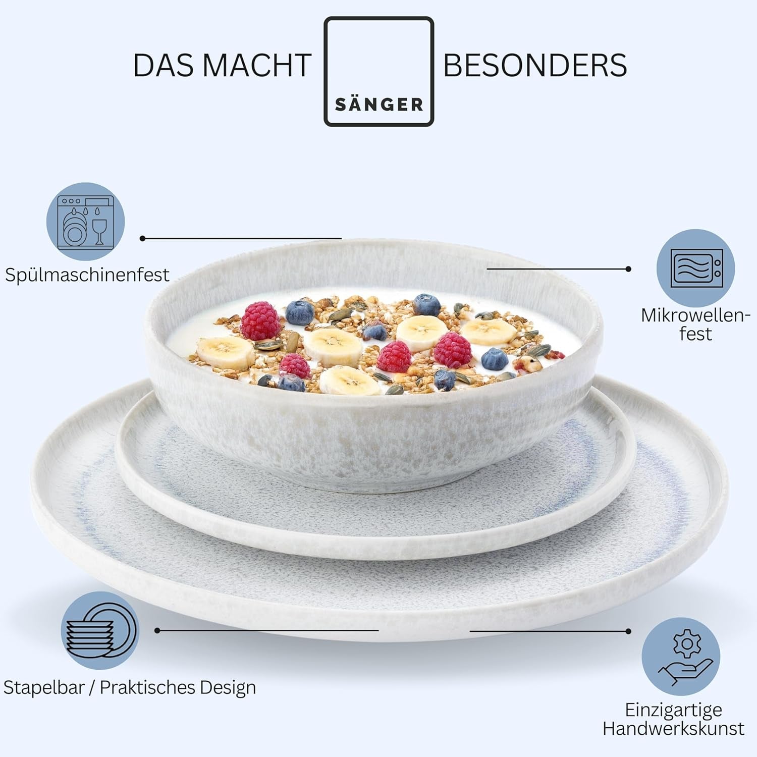 SÄNGER | Set de veselă Santorini cu 12 piese, set de farfurii pentru 4 persoane, evaluat FOARTE BUN, set de veselă din gresie, inclusiv farfurii de cină, farfurii de desert și farfurii de sumă, crem cu gradient liliac-albastru | COLECȚIA PREMIUM