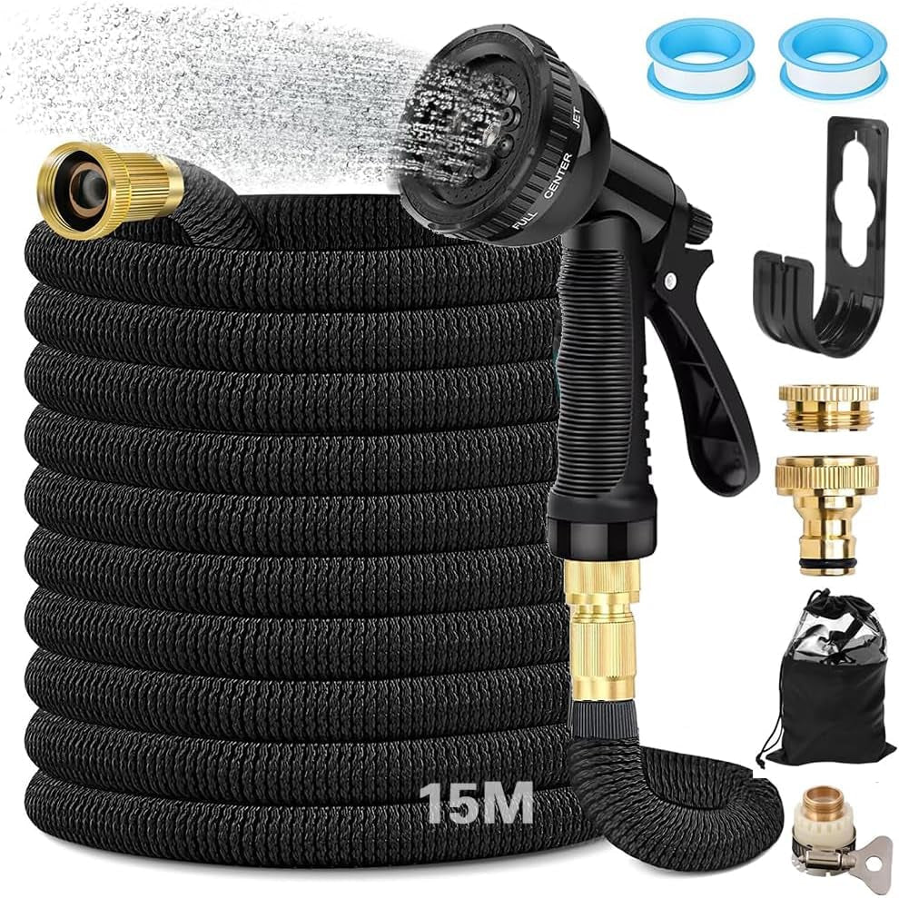 Furtun de grădină flexibil și extensibil de 15 m, furtun flexibil de apă cu 8 funcții de pulverizare, furtun flexibil de la 1/2 inch la 3/4 inch, furtun de grădină, pentru udarea grădinii, spălarea mașinii, spălarea și udarea apei