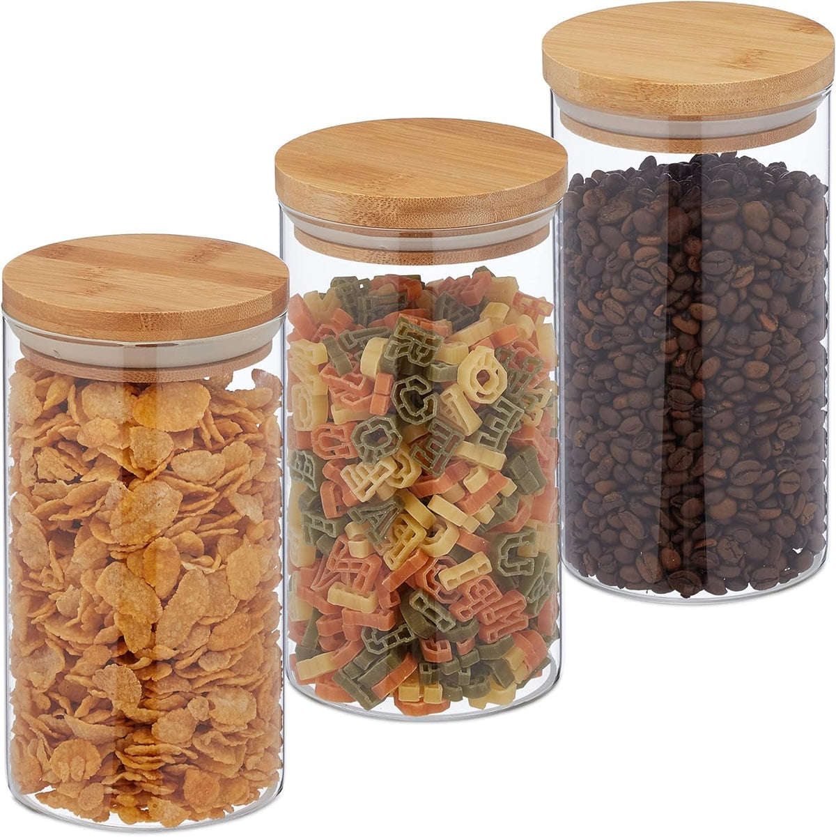Borcane de depozitare Relaxdays cu capace din bambus, set de 3, borcane rotunde din sticlă, 1000 ml, etanșe, transparente/naturale, 18 x 10 cm Cutii depozitare alimente Naty Shop Transparent/natura 1000 Ml