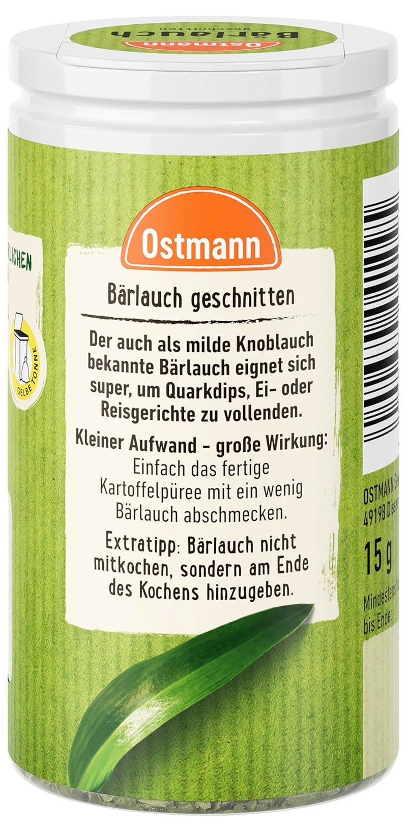 Ostmann Gewürze - Bärlauch geschnitten | Łagodniejszy Knoblauch-Geschmack | Für Ei- oder Reisgerichte sowie Quarkdips | 15 g w Der Streudose