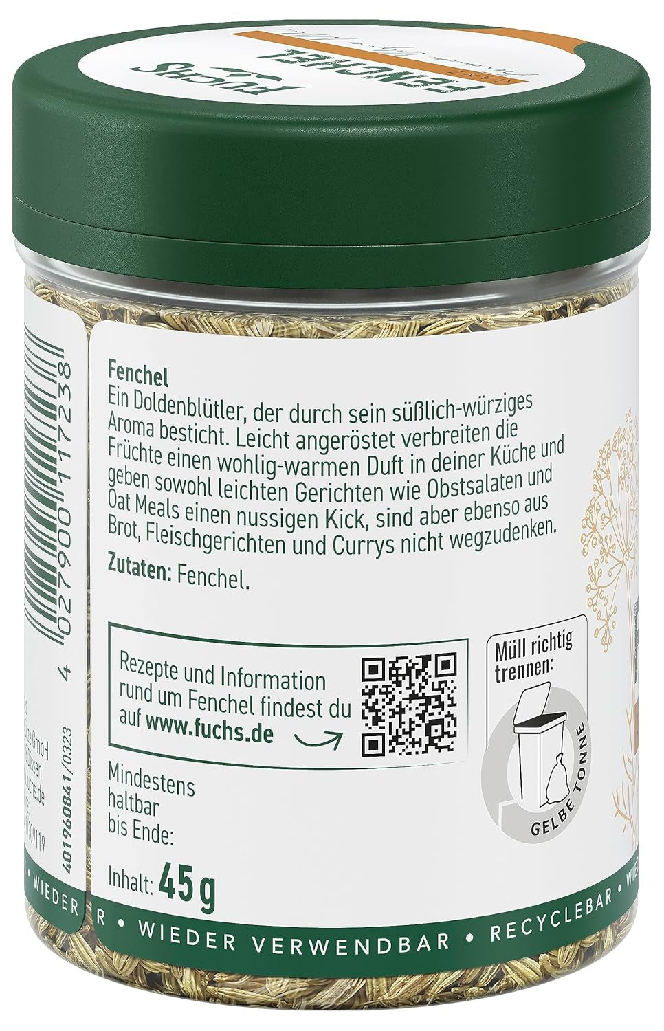 Fuchs Gewürze - Koper ganz - słodko-würziges Aroma für Obstsalate, Płatki owsiane lub Curry - naturalne składniki - 45 g w wiederverwendbarer, recyclebarer Dawka