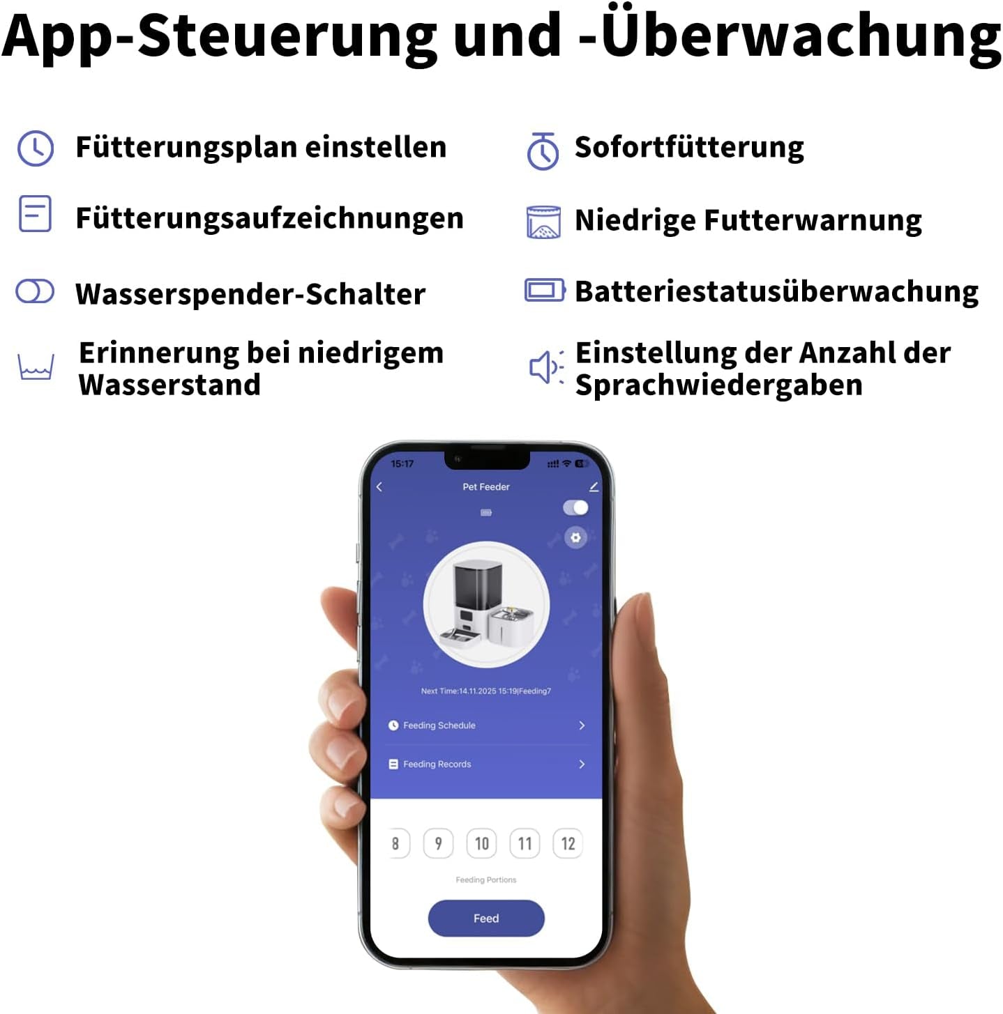 2-w-1-Automatik-Futter- und Wasserspender für Katzen, großvolumiger 6-litrowy-Trockenfutterspender + 2,5-litrowy-Wasserspender mit App-Steuerung, Sprachauzeichnung, zeitgesteuwerter Fütterung