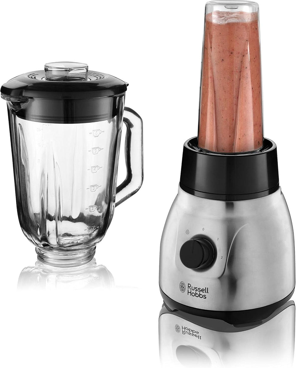 Mikser stojący Russell Hobbs 2 w 1 [mikser do glazury o pojemności 1,5 l i mini-automat do smoothie o pojemności 0,6 l -Trinkflasche na wynos Inkl. Deckel] Spülmaschinenfest, Impuls-/Ice-Crush Funktion, Becher BPA Frei, Edelstahl 23821-56 Kitchen Naty Shop