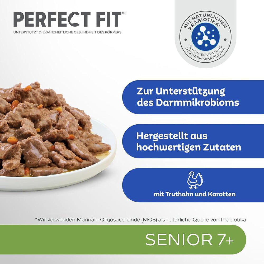 Pliculețe cu porții pentru pisici PERFECT FIT™ Senior cu curcan și morcovi, 12 x 85 g