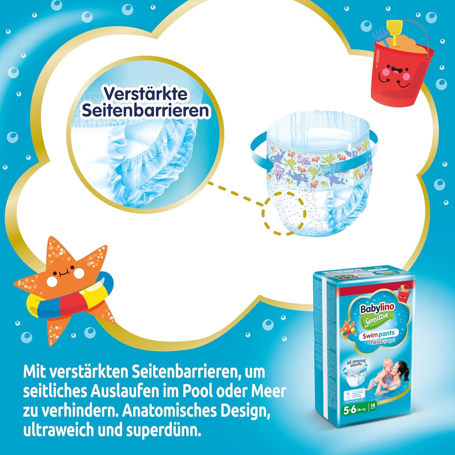 Pieluszki Sensitive Spodnie do pływania, do morza i basenu, rozm. 5-6 (powyżej 14 kg), 84 sztuki